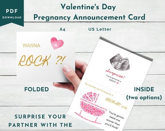 Valentines Day Printable Pregnancy Announcement Card For Husband Boyfriend Partner A4 US Letter PDF digital download folded card with hearts