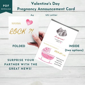 Tarjeta de anuncio de embarazo imprimible del día de San Valentín para esposo novio socio A4 Carta de EE. UU. PDF descarga digital tarjeta doblada con corazones