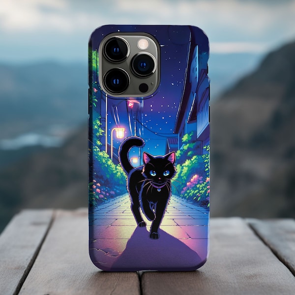 Anime Midnight Stroll Tough Phone Case - Black Cat Night Laneway Design, Durable Cover for Cat & Anime Lovers