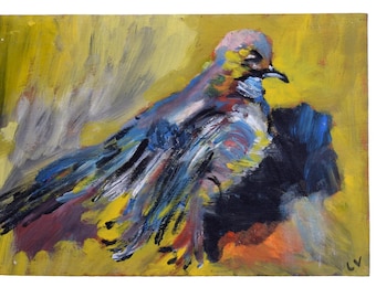 Vintage Olio Pittura Uccello Arte Originale Linea Firmata Datata 1986