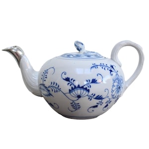 Vintage Meissen Porcelain Blue Onion Teapot Germany Silver Spout