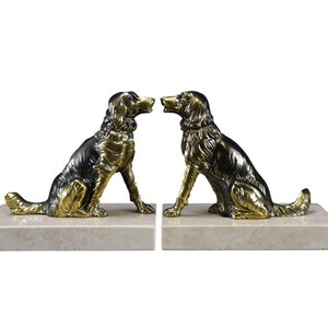 Art Deco Shepherd Dog Bookends, Pair of Dog Sculptures with Marble, Gift Ideas, Office Bookcase Decor
