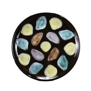 Large Green Yellow Black Serving Oyster Plate Vintage 1950&#39;s Ceramic Tray
