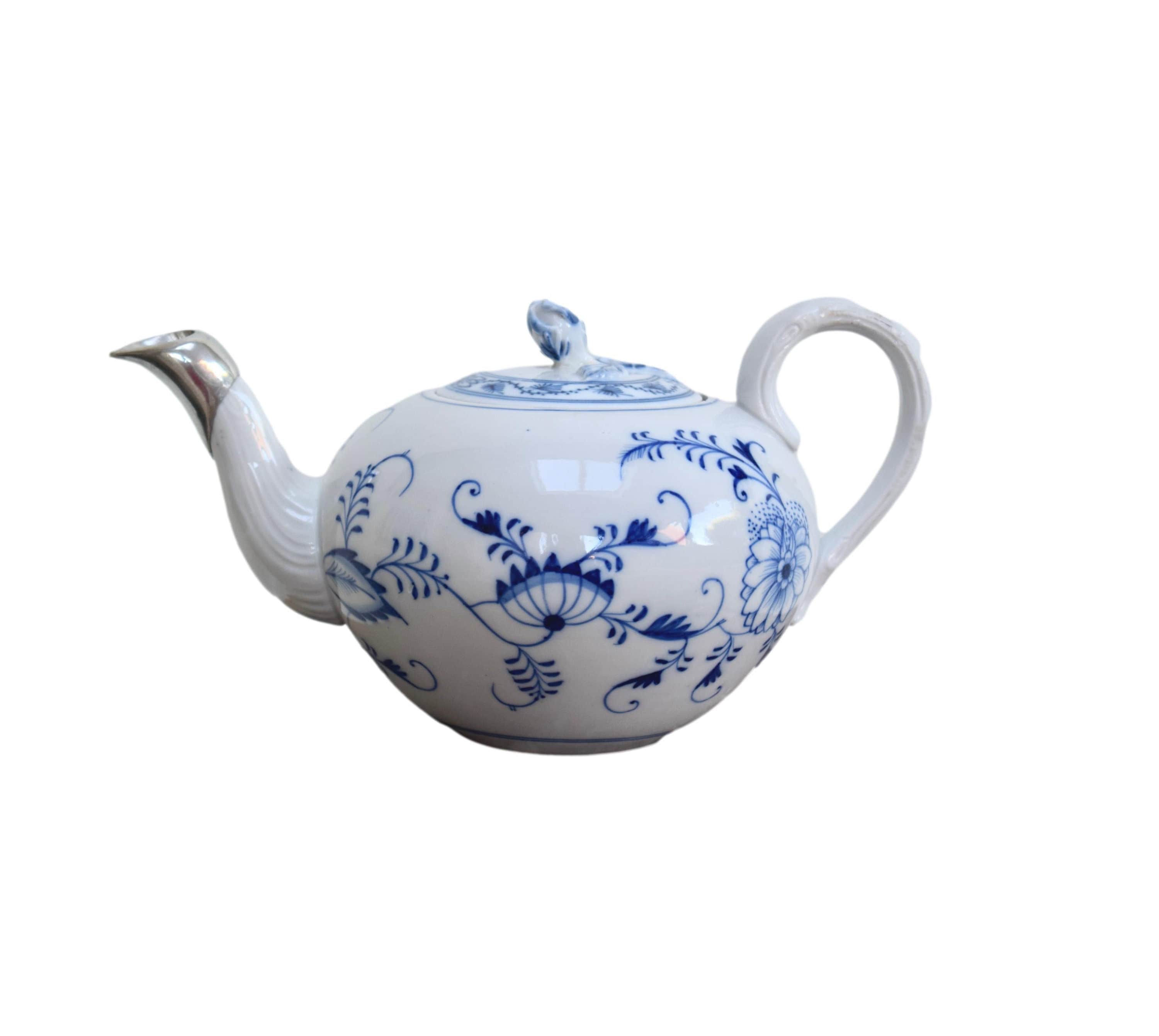 Vintage Meissen Porcelain Blue Onion Teapot Germany Silver