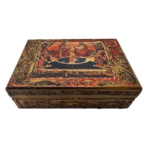Caja dorada de madera florentina vintage, ataúd de joyería de recuerdo italiano con impresión Coronación de la Virgen de Quarton Obra de arte