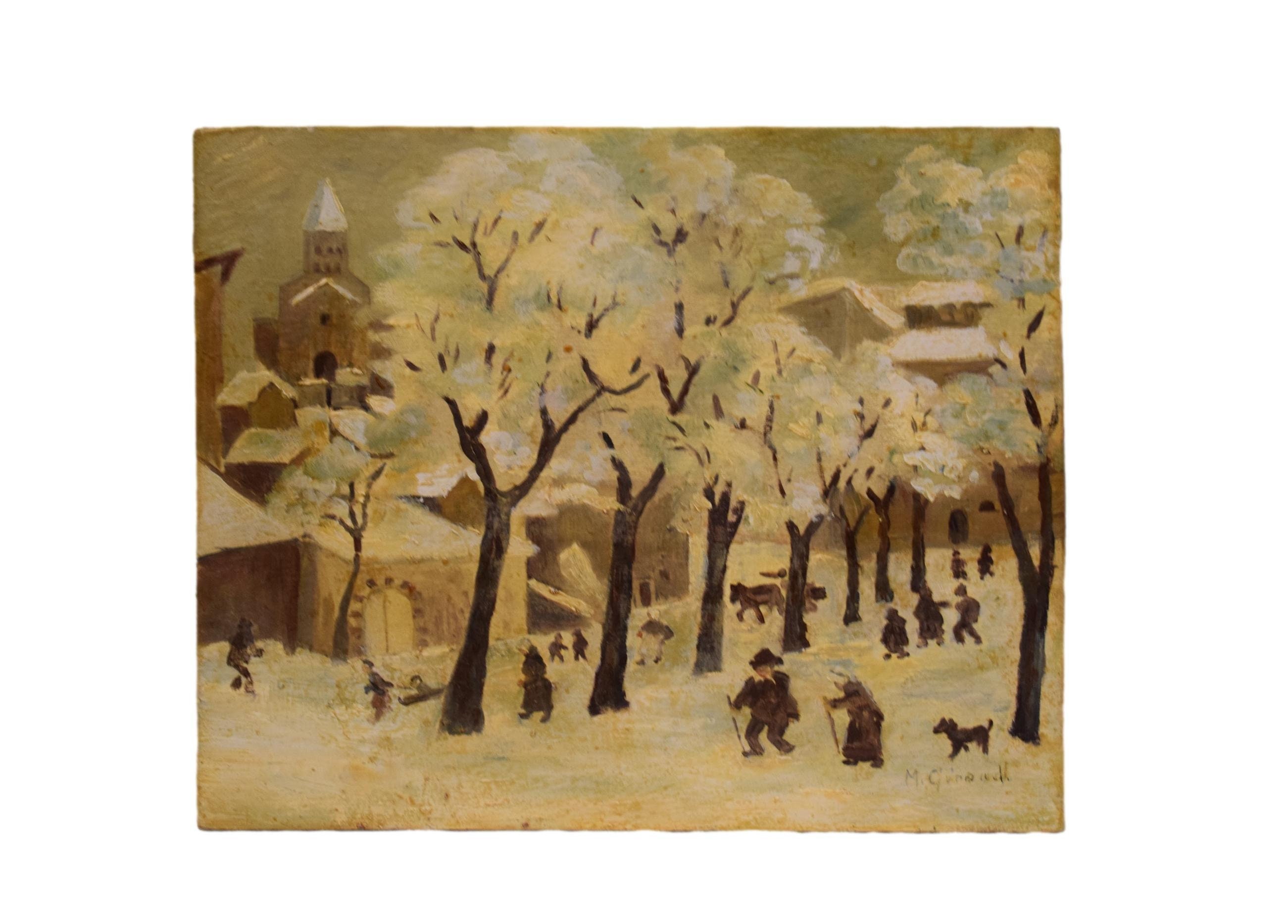 Peinture à L'huile de Neige Vintage sur Panneau Bois Signée