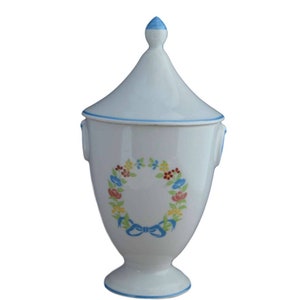 Tarro de boticario de porcelana vintage, olla de farmacia de porcelana de París, tarro de galletas de cerámica blanca azul