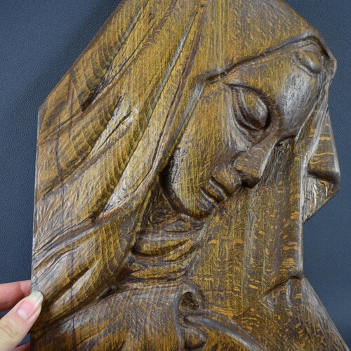 Vintage Mary Carved Oak Wood wall shops Sculpture Carving Panel