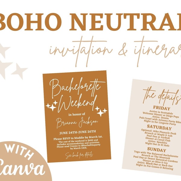 Boho Neutral Bachelorette Party Invitation and Itinerary, Festival, Bachella, Simple Bachelorette, Neutral Colors, Digital Download, Canva