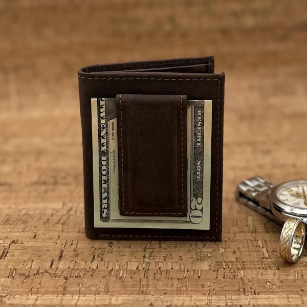 Atlas, billetera de bolsillo frontal magnética para hombres: billetera de cuero genuino, regalo EDC delgado para esposo o papá.