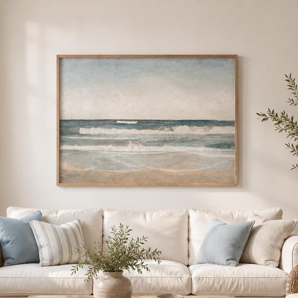 Strandlandskapstryck, väggkonst med strandlandskap, kustväggkonst, havsmålning, utskrivbar konst i pastellfärger, DIGITAL NEDLADDNING - SE044