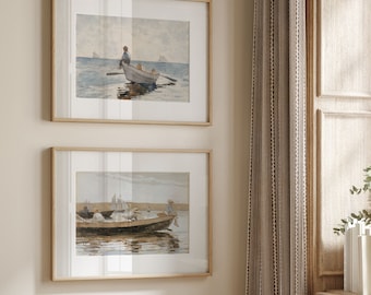 Sailboat Prints Set, Marine Vintage Art, Set of 2 Vintage Nautical Painting, Nautical Nursery Wall Art, DIGITAL DOWNLOAD - SE015+016