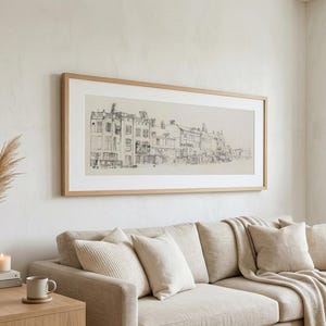 Vintage City Sketch Print, Panoramic Fine Art Living Room Decor, Mailed Wall Art