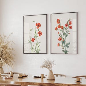 Conjunto de 2 láminas de amapolas, láminas de arte mural de amapolas, conjunto de 2 ilustraciones de amapolas, arte mural de estilo rústico y rural, descarga digital, BT074