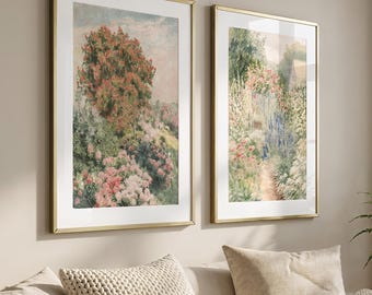 Set of 2 Vintage Garden Flower Prints, Pastel Cottage Garden Landscape, Digital Download, LS003+LS010