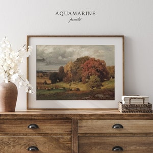 Fall Wall Decor, Fall Landscape Print, Vintage Countryside Painting, Autumn Trees Wall Art, Fall Farmhouse Decor