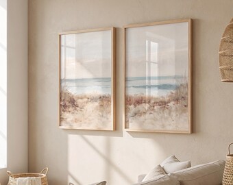 Neutral Beach Landscape Set of 2 Prints, Vintage Coastal Wall Art, Beach Landscape Art Print, Living Room Wall Art, DIGITAL DOWNLOAD, SE091D