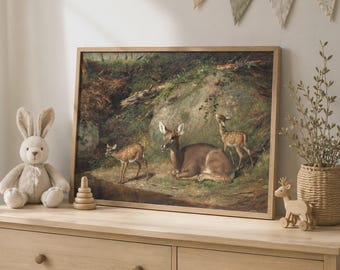 Scena boschiva vintage con cervo e cerbiatto, tranquillo dipinto di animali del bosco, DOWNLOAD DIGITALE, LS097