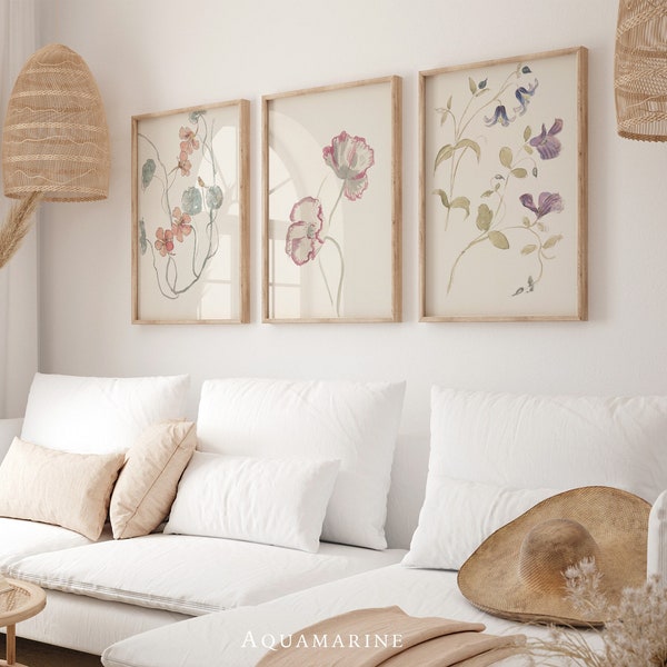 Neutral Set of 3 Prints, Minimalist Wall Art, Neutral Floral Wall Art, Living Room & Bedroom Prints Set, DIGITAL ART - FL021