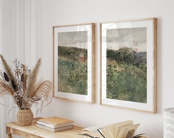 Spring Landscape Set of 2 Prints, Vintage Landscape Painting, French Cottage Wall Art, Spring Meadow Wall Art, DIGITAL DOWNLOAD - LS038D