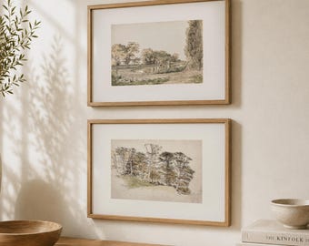 Landscape Set of 2 Prints, Country Landscape Wall Art, Neutral Tones Watercolor Wall Art, DIGITAL DOWNLOAD, DS043-44