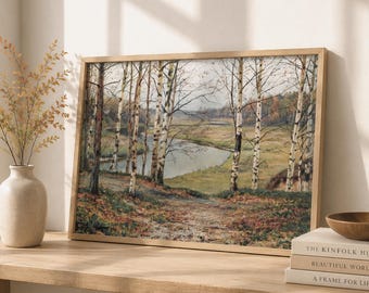 Stampa di paesaggio autunnale con foresta di betulle, decorazione murale autunnale vintage (download digitale), LS064