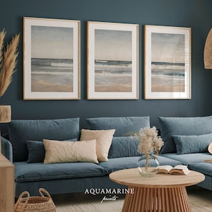 PRINT & SHIP, strandlandschap set van 3 prints, zeelandschap gedrukte muurkunst, kustmuurkunst, strandhuis muurkunst, gemailde kunstprints