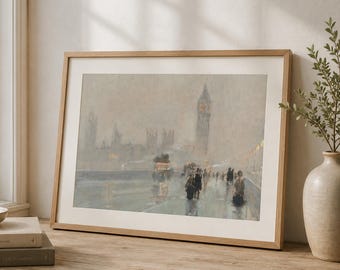 London Bridge in the Fog Print, Soft Pastel Cityscape Painting, London Landscape Wall Art, Digital Download, CS006