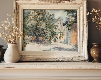 Cuadro de jardín mediterráneo con naranjo, lámina de naranjo, impresión y envío incluidos, decoración de pared para salón y cocina.