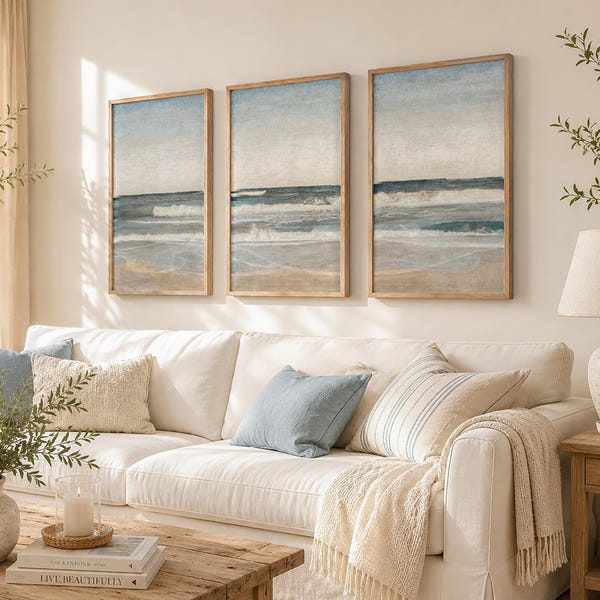 Minimalistiskt kusttryck set med 3, strandlandskap set med 3 tryck, strandlandskapsmålning, strandhusdekor, DIGITAL NEDLADDNING - SE044T
