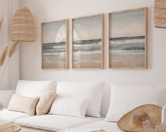 IMPRESIÓN Y ENVÍO, Conjunto de paisaje de playa de 3 impresiones, Arte de pared impreso de paisaje marino, Arte de pared costera, Arte de pared de casa de playa, Impresiones de arte enviadas por correo
