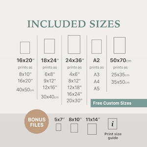 以下が含まれることがあります： 16x20インチ、18x24インチ、24x36インチなどの印刷サイズと、対応する印刷サイズを示すグラフィック。 A2と50x70cmの追加サイズが含まれています。画像には、ボーナスファイルサイズと印刷サイズガイドも含まれています。