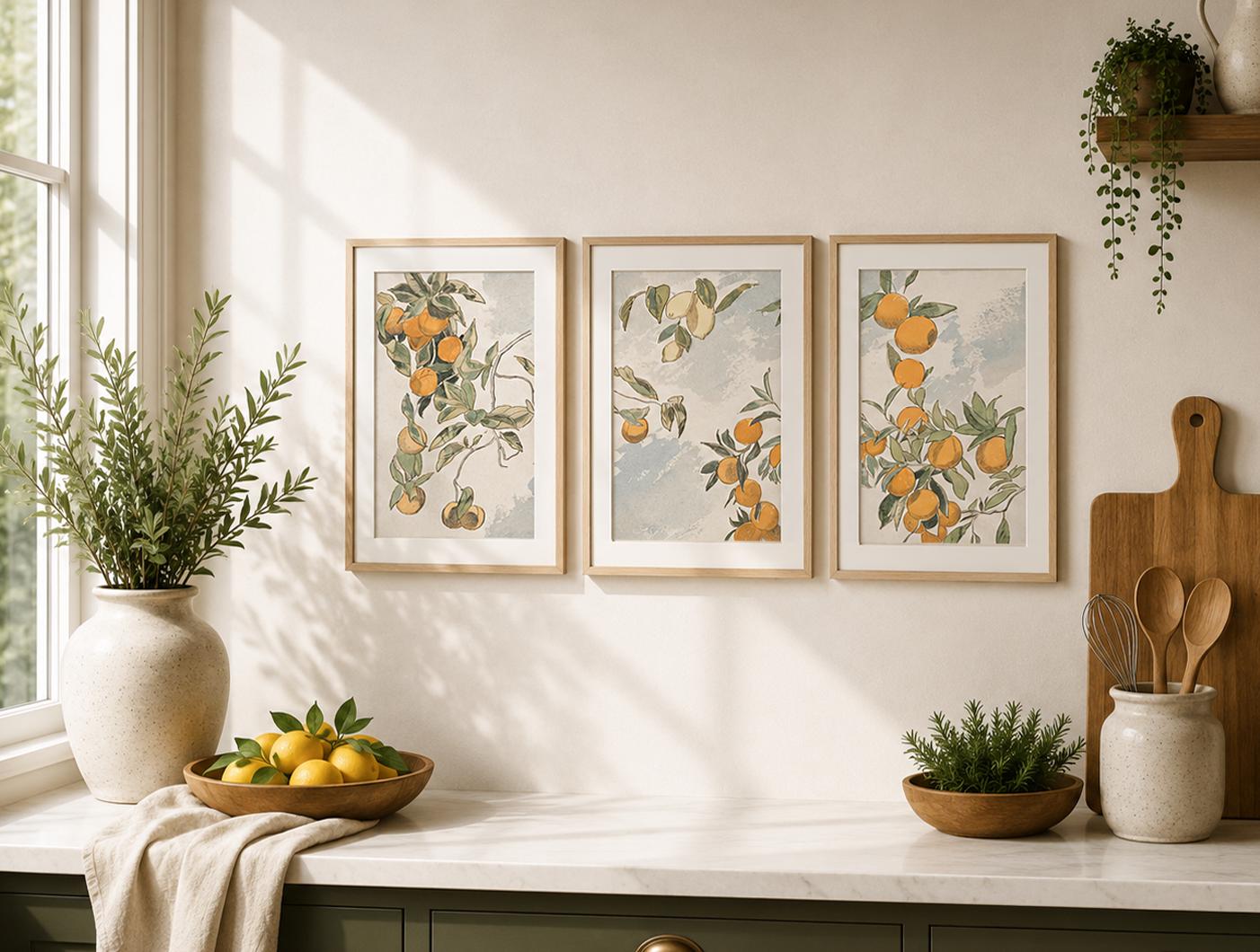 Kitchen Wall Art, Orange and Lemon Citrus Set of 3 Prints, Kitchen