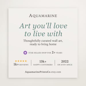 May include: A white square graphic with the text "AQUAMARINE" at the top, followed by "Art you'll love to live with." Below, it reads "Thoughtfully curated wall art, ready to bring home." Includes "Star Seller Shop for 2+ years."