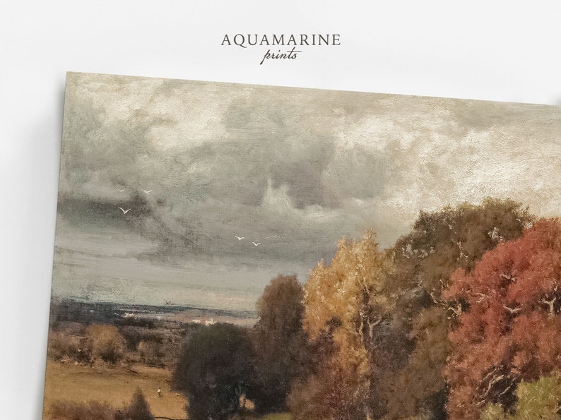 May include: An antique-style landscape print featuring a cloudy sky and a field with trees in autumn colors. The print has a vintage aesthetic, with the text "AQUAMARINE prints" in the upper left corner.