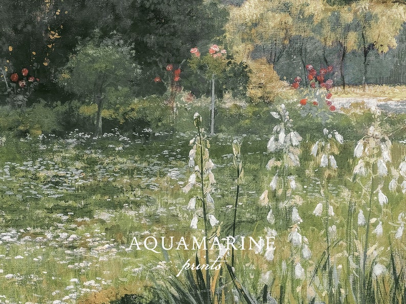 Pu&ograve; includere: Un dipinto impressionista di una scena di giardino con fiori bianchi in primo piano. Il dipinto presenta un campo di margherite, alberi e rose rosse. Il testo "AQUAMARINE prints" si trova nell'angolo in basso a destra.