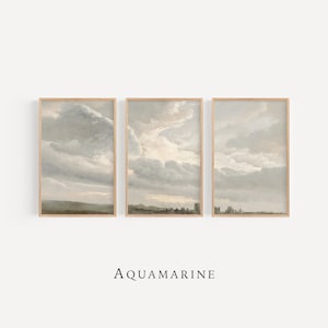 Puede incluir: Tres impresiones enmarcadas de un paisaje con un cielo nublado. Las impresiones están en un marco de madera claro y están dispuestas en una fila.