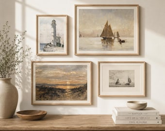 Conjunto de láminas decorativas vintage con motivos costeros, estilo cabaña de playa, descarga digital, GA002