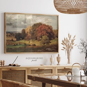 Fall Wall Decor, Fall Landscape Print, Vintage Countryside Painting, Autumn Trees Wall Art, Fall Farmhouse Decor