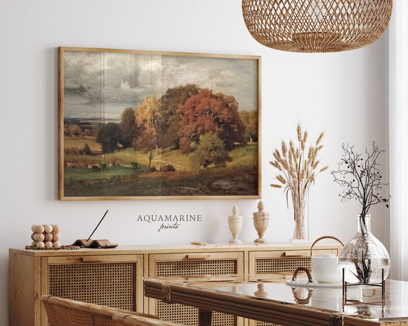 Fall Wall Decor, Fall Landscape Print, Vintage Countryside Painting, Autumn Trees Wall Art, Fall Farmhouse Decor