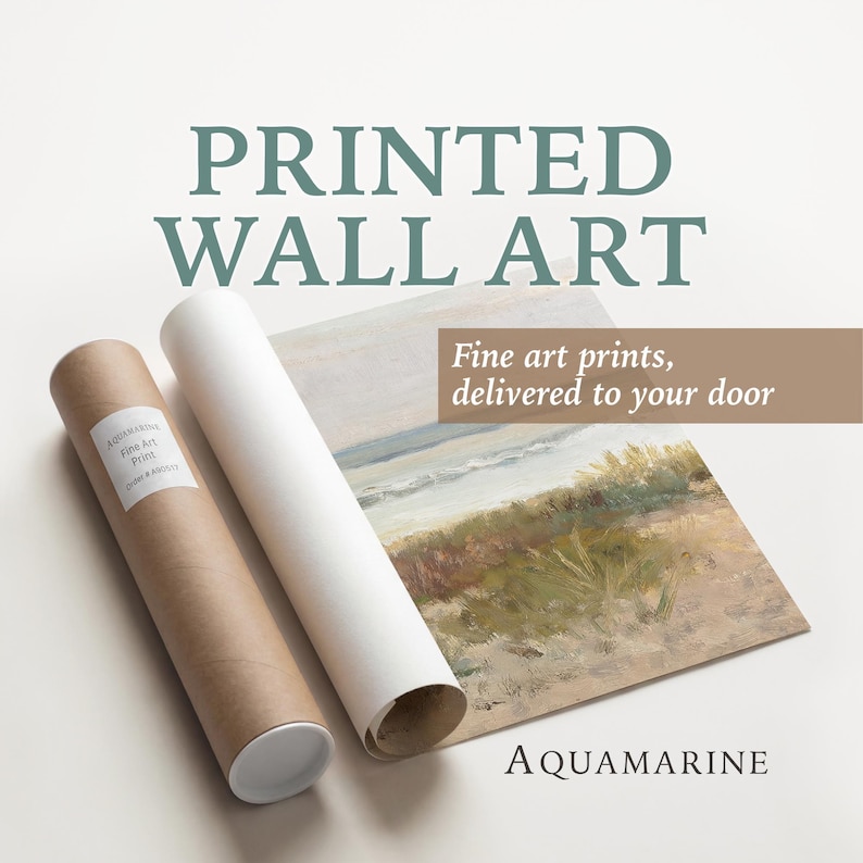 May include: Printed wall art with a landscape painting, rolled and ready for shipping. The image includes a brown tube, a white tube, and a painting with a beach scene. Text on the image reads "Fine art prints, delivered to your door" and "AQUAMARINE."