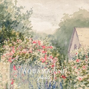 May include: Watercolor painting of a garden scene with a house and blooming flowers. The artwork features a house with a light-colored roof, surrounded by lush greenery and vibrant pink and red flowers. The text "AQUAMARINE prints" is visible.