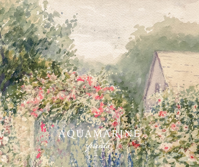 May include: Watercolor painting of a garden scene with a house and blooming flowers. The artwork features a house with a light-colored roof, surrounded by lush greenery and vibrant pink and red flowers. The text "AQUAMARINE prints" is visible.