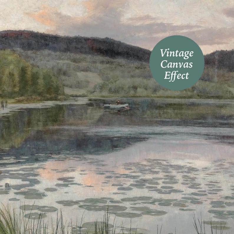 May include: A vintage landscape painting shows a tranquil lake with a small boat. The water mirrors the sky and hills. The text "Vintage Canvas Effect" is in a green circle.