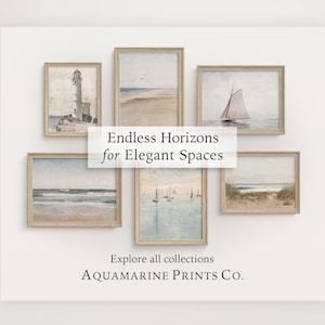 May include: A collection of framed coastal art prints. The prints feature scenes of a lighthouse, beach, sailboat, and ocean views. The text "Endless Horizons for Elegant Spaces" and "AQUAMARINE PRINTS Co." are visible.