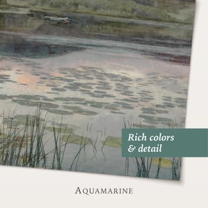 May include: An aquamarine painting shows a tranquil lake with lily pads, reeds, and a boat. The artwork has rich colours and detail, with the text "Rich colours & detail" and "AQUAMARINE" displayed.