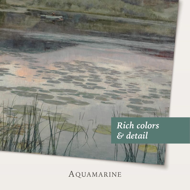 May include: An aquamarine painting shows a tranquil lake with lily pads, reeds, and a boat. The artwork has rich colours and detail, with the text "Rich colours & detail" and "AQUAMARINE" displayed.