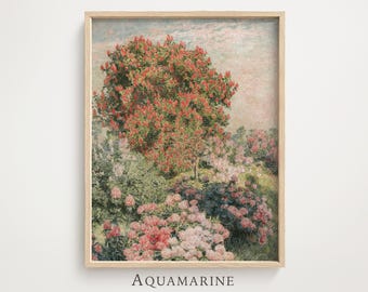 Vintage Summer Garden Print, Farmhouse Country Wall Art, Floral Landscape, Digital Download, LS010