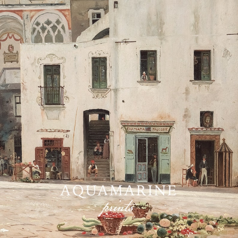May include: An oil painting depicting a town square with white buildings, including a pharmacy labeled Farmacia Falcone. People are gathered near doorways and stairs, while a foreground display features baskets of red produce and green vegetables.