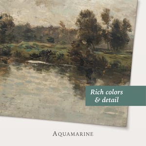 以下が含まれることがあります： 水色の風景画。川の風景と木々や葉が描かれています。アートワークは豊かな色彩とディテールを持ち、落ち着いた色使いです。「Rich colors & detail」というテキストが画像に表示されています。
